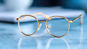 Gold-framed glasses with clear lenses on a blue surface