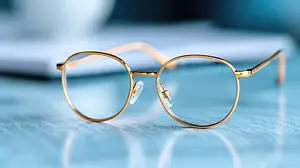 Gold-framed glasses with clear lenses on a blue surface