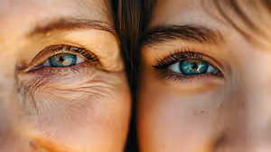Close up of elderly woman and young girl both with blue eyes staring at camera