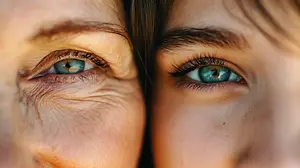 Close up of elderly woman and young girl both with blue eyes staring at camera