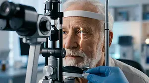 An older man undergoing an eye examination in a medical setting
