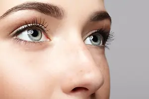 Close up of woman's eyes with long lashes and brown eyebrows