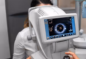 A woman is having her eye examined by a man in an eye clinic with a monitor showing results