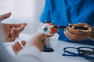 A person with a blue shirt is pointing at a toy eyeball with a pen in their hand on a white table.