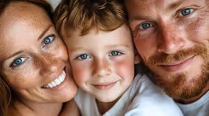 A family of three, a woman with freckles, a boy with blue eyes, and a man with a beard, all smiling for a photograph in a bright room.