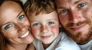 A family of three, a woman with freckles, a boy with blue eyes, and a man with a beard, all smiling for a photograph in a bright room.