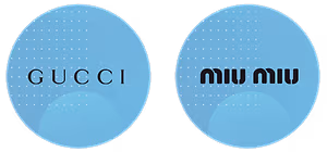 Gucci and Miu Miu logos on a black background