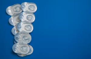 A stack of transparent medical contact lenses on a blue background