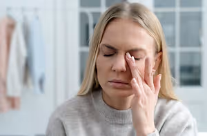 Blonde woman with long hair rubbing her eyes in a room