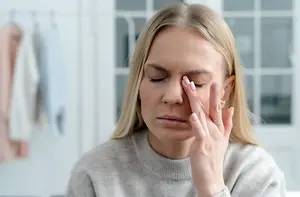Blonde woman with long hair rubbing her eyes in a room