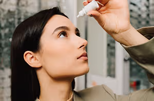A woman with brown hair is looking upward and seems to be applying eye drops. She is wearing a brown coat and has black nail polish. She is holding a white bottle in her right hand. Behind her is a glass window with a white frame and a white door.