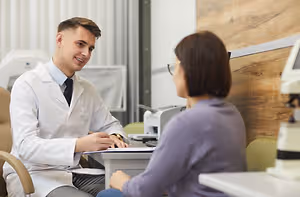 A man in a white coat talks to a woman who is sitting across from him in an office.