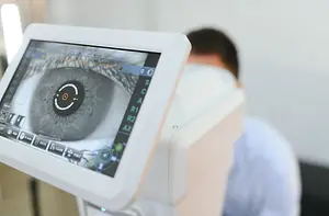 A person sits in front of an eye examination device that has an image of an eye on its screen.