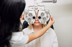 Woman sitting in a chair while another woman holds a device over her eyes