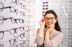 A smiling woman wearing glasses is standing in front of a wall full of eyeglasses, posing for a picture.