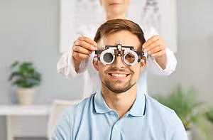 A man in a blue polo shirt is having his eyes examined by an optometrist wearing a white coat and holding an eye test device in a room with plants and a desk