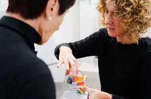 Two people looking at a model of the eye.