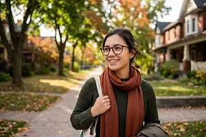 A woman with glasses and a scarf stands on a sidewalk and smiles at the camera.