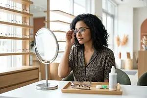 A woman trying on glasses in front of a mirror in a store.