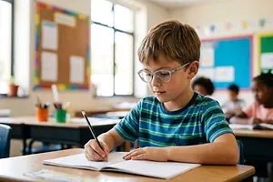 A young boy is writing in a notebook while sitting on a chair in a classroom.