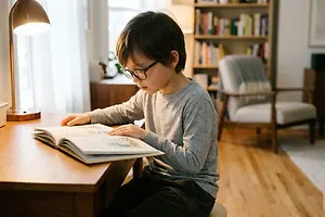 A boy sitting at a table and reading a book