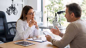 Optometrist discussing eyewear with a patient in an eye care office