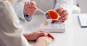 A doctor is explaining about the eye model to the patient in the clinic