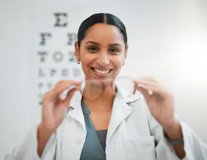 A smiling woman optometrist in a white coat holding glasses