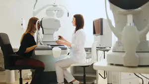 Two women are sitting in a room with medical equipment, one woman is looking at an ophthalmoscope, and the other is sitting on a chair and seems to be checking her eye.
