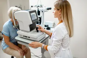 Woman having her eyes checked by a doctor in an exam room