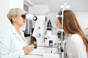 Two women in a medical setting, one looking through an ophthalmoscope at the other's eye.