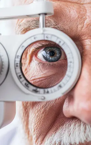 An elderly man is undergoing an eye examination using a slit lamp in a clinic