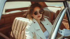 Woman in sunglasses sitting in the driver's seat of a vintage car