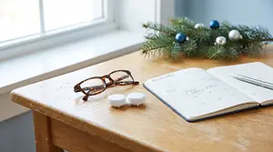 Glasses, contact lens case, and an eye exam appointment marked in a December calendar beside holiday greenery