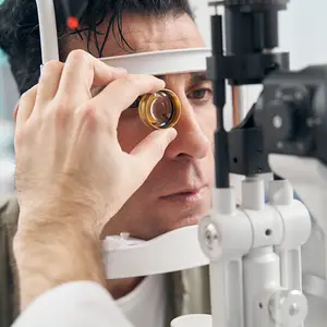A person is having his eyes checked by an eye doctor with an ophthalmoscope