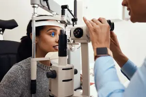 A woman undergoing an eye examination with an optometrist in a clinic