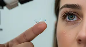 A woman examining a contact lens with a microscope