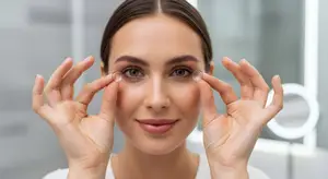A woman holding a contact lens between her fingers, smiling and looking at the camera.