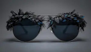 A pair of sunglasses with black and blue feathers attached to the sides