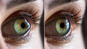 Close-up of a woman's eye with long eyelashes and a slightly open gaze.