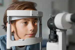 A young boy is having an eye test in an eye clinic with an optometrist