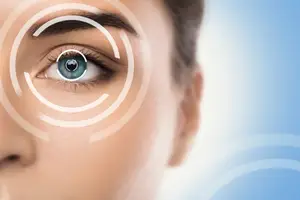 Close-up of a woman's eye with a blue iris and white circle in the center