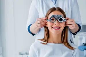 A woman with glasses on her eyes is having her vision checked by a doctor in a white lab coat.