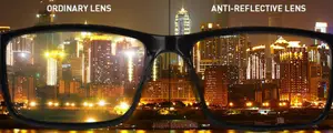 A pair of glasses showing the difference between ordinary lenses and anti-reflective lenses in a cityscape background at night.