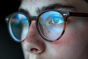 A close-up of a young person's face wearing glasses with a blurry effect