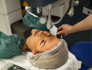A woman is lying on a table, wearing a hairnet and a green gown, undergoing a medical procedure with a machine on her face.