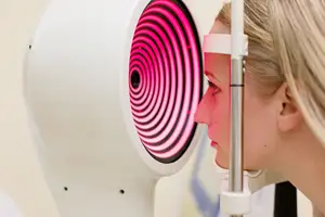 A woman is having her eye examined using an eye examination machine.
