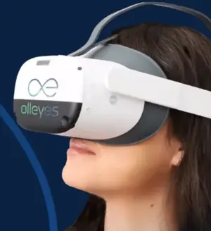 woman wearing virtual reality headset with olleyes logo on side