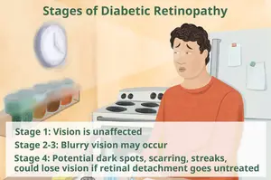 Stages of Diabetic Retinopathy - Visual representation of a man in a kitchen with text detailing the stages of diabetic retinopathy.