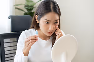 A woman sitting in front of a mirror, holding a bottle of eye drops, and applying it to her eye.